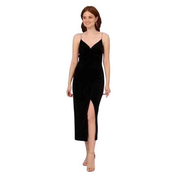 Adrianna Papell Black Velvet Wrap Gown, Rhinestone Straps, Size 20 NWT - Picture 1 of 11
